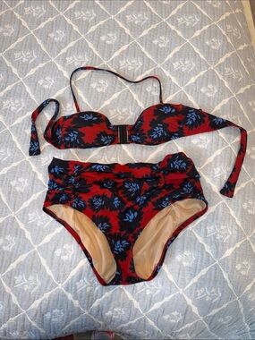 J. Crew Red and Black Floral 2 Piece with Blue Accents